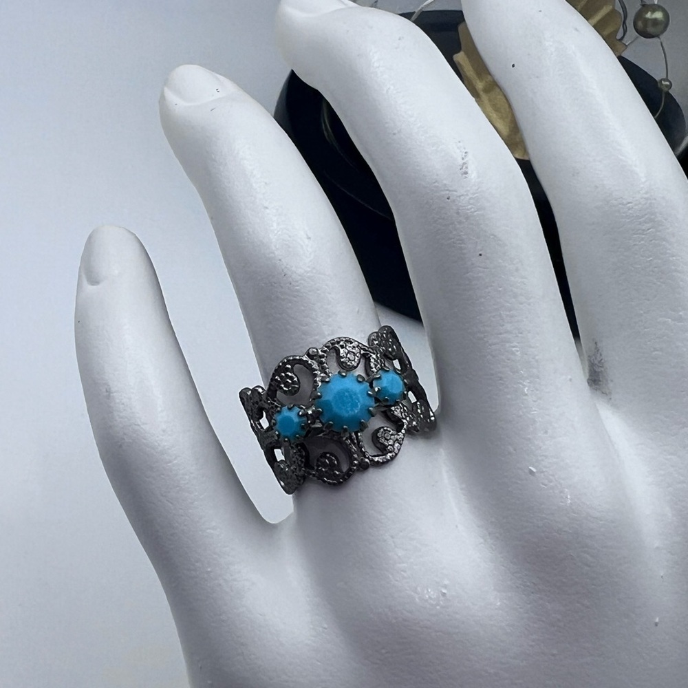 5/$25 Boho Filigree Adjustable Ring - Black Metal & Blue Accents
